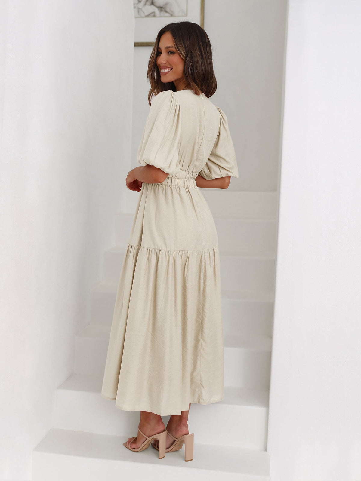 Vestido Midi de Escote en V y Mangas Abullonadas