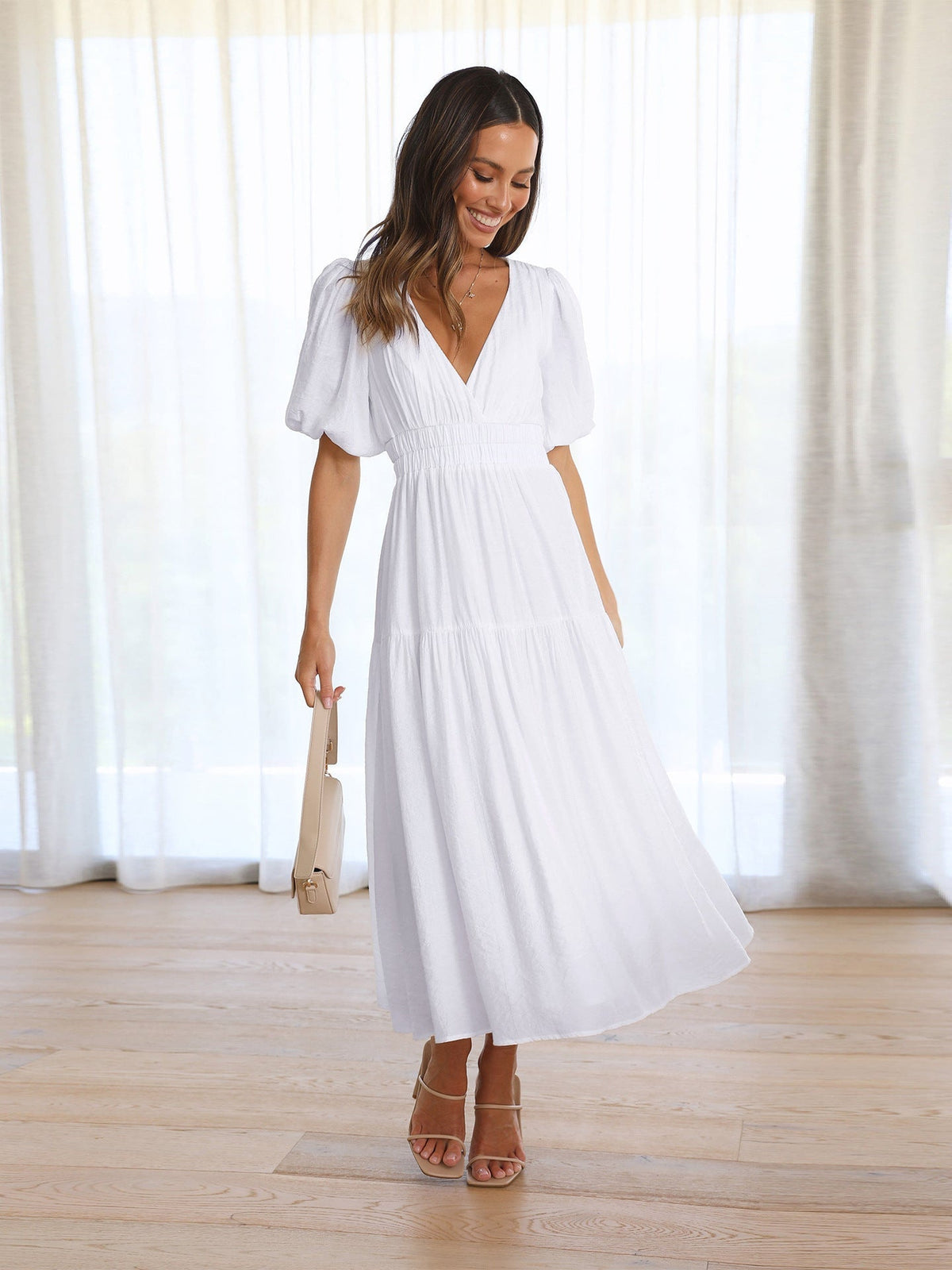 Vestido Midi de Escote en V y Mangas Abullonadas