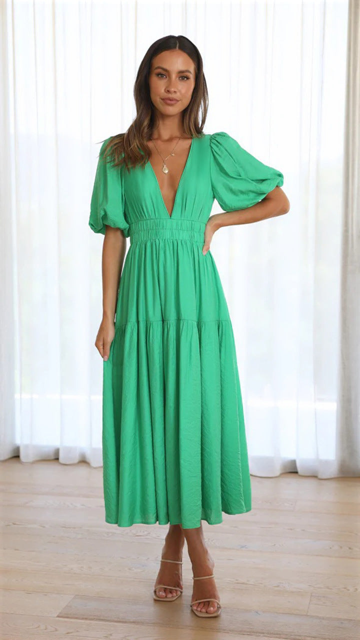 Vestido Midi de Escote en V y Mangas Abullonadas