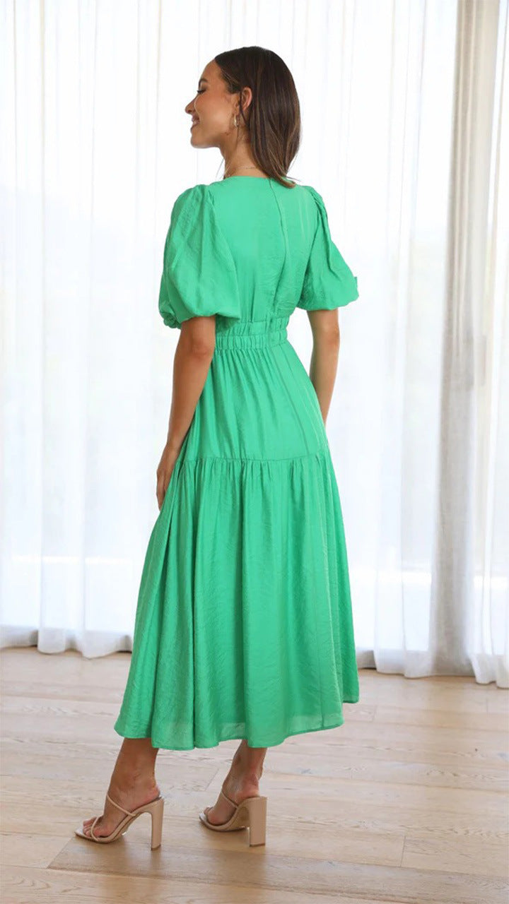 Vestido Midi de Escote en V y Mangas Abullonadas