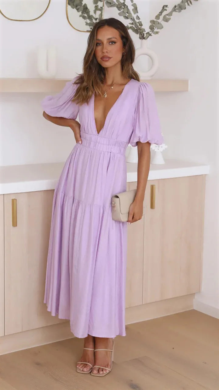 Vestido Midi de Escote en V y Mangas Abullonadas