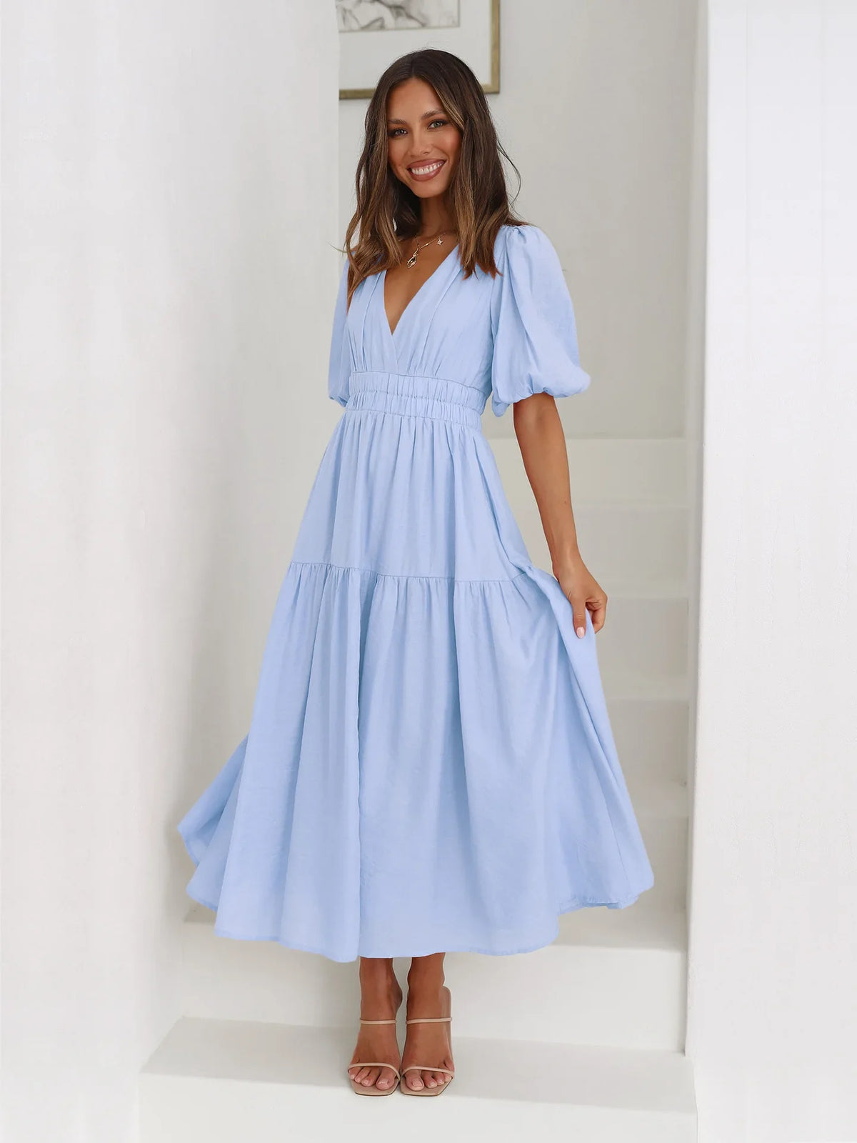 Vestido Midi de Escote en V y Mangas Abullonadas