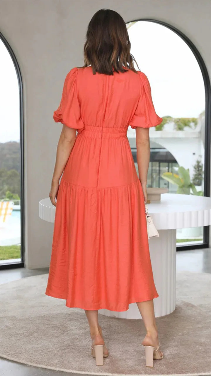 Vestido Midi de Escote en V y Mangas Abullonadas