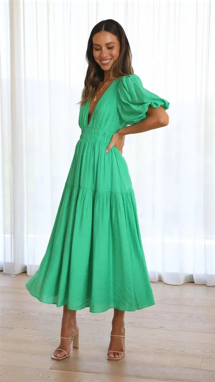 Vestido Midi de Escote en V y Mangas Abullonadas