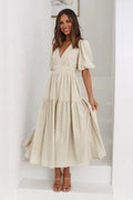 Vestido Midi de Escote en V y Mangas Abullonadas