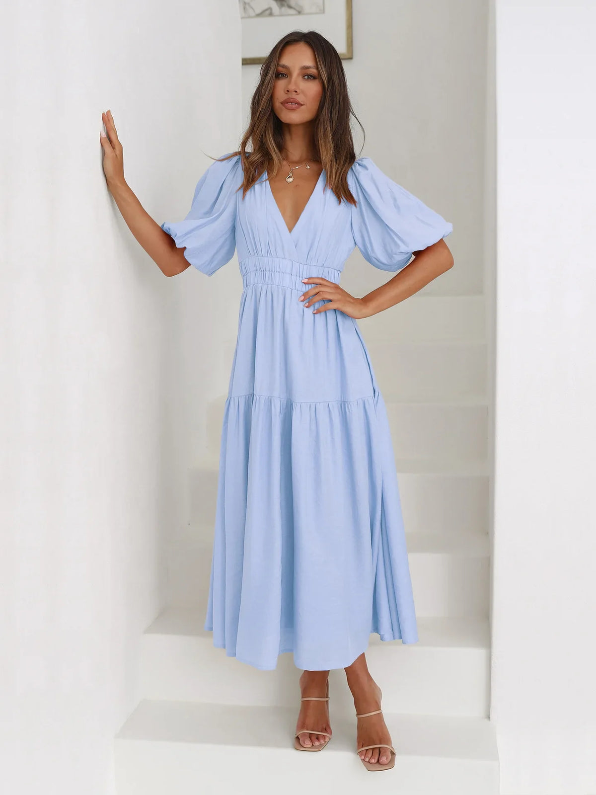 Vestido Midi de Escote en V y Mangas Abullonadas