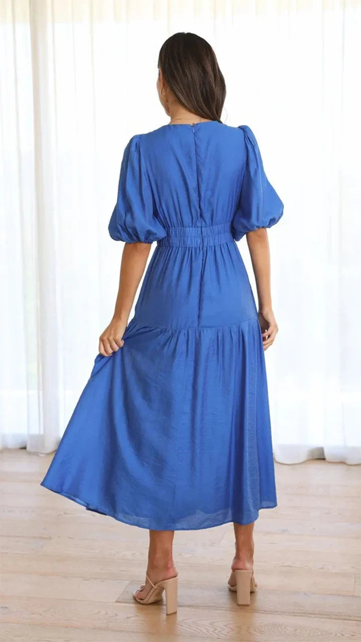 Vestido Midi de Escote en V y Mangas Abullonadas