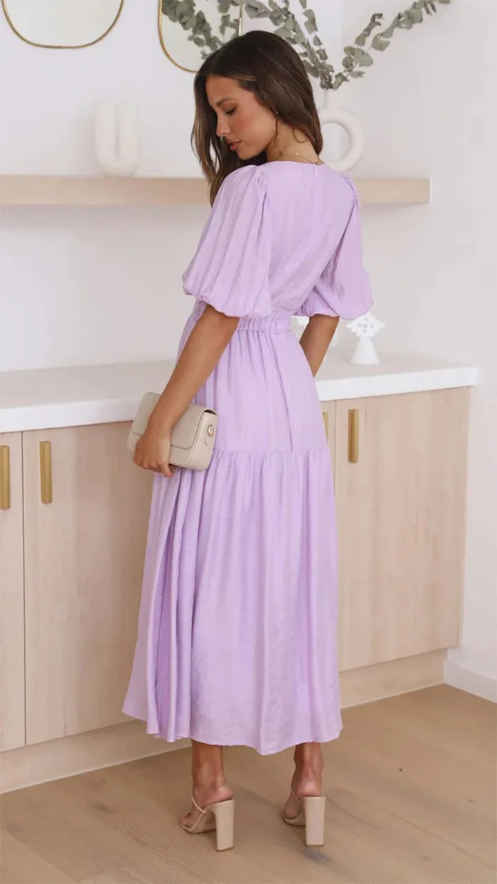 Vestido Midi de Escote en V y Mangas Abullonadas