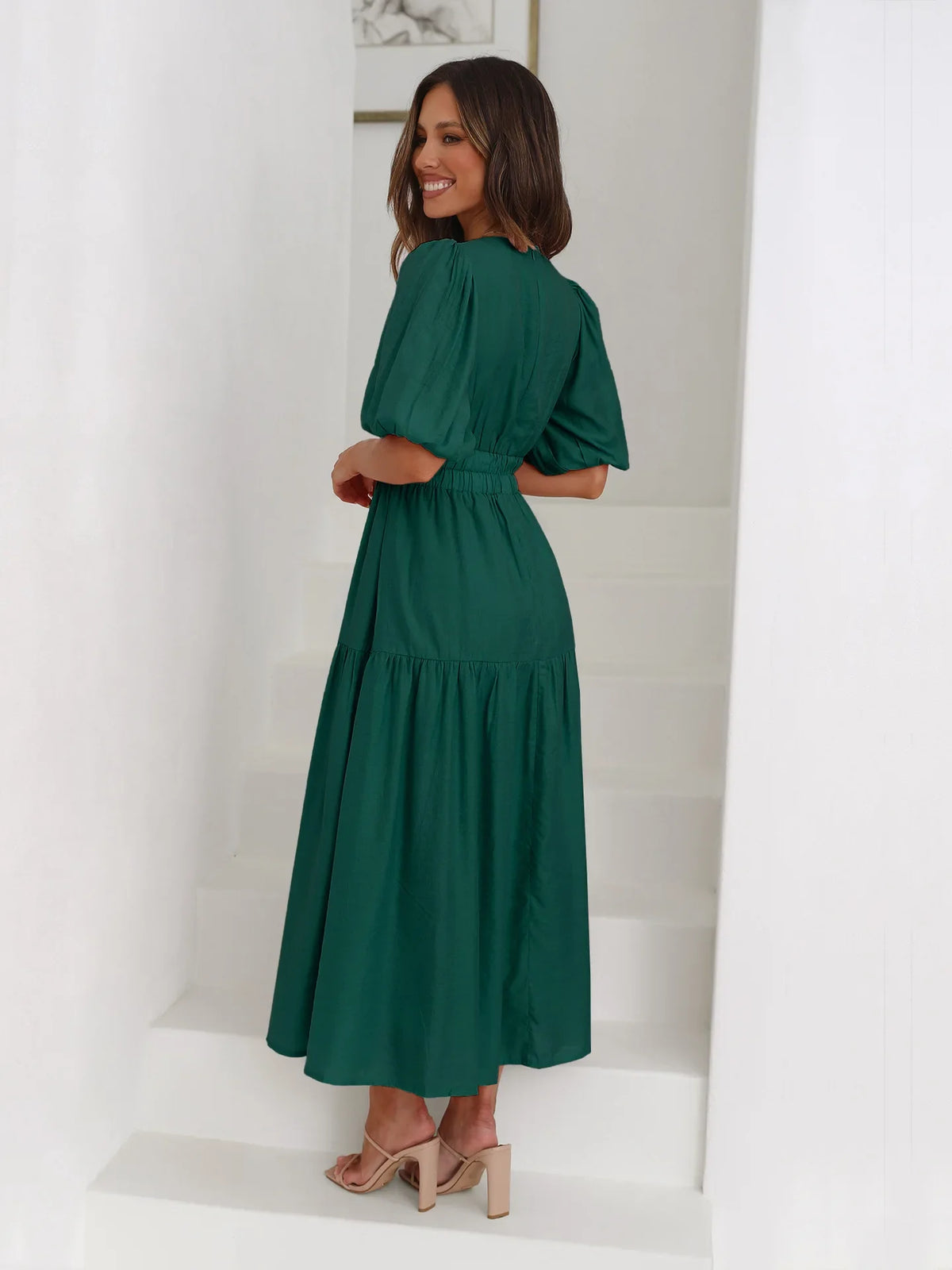 Vestido Midi de Escote en V y Mangas Abullonadas