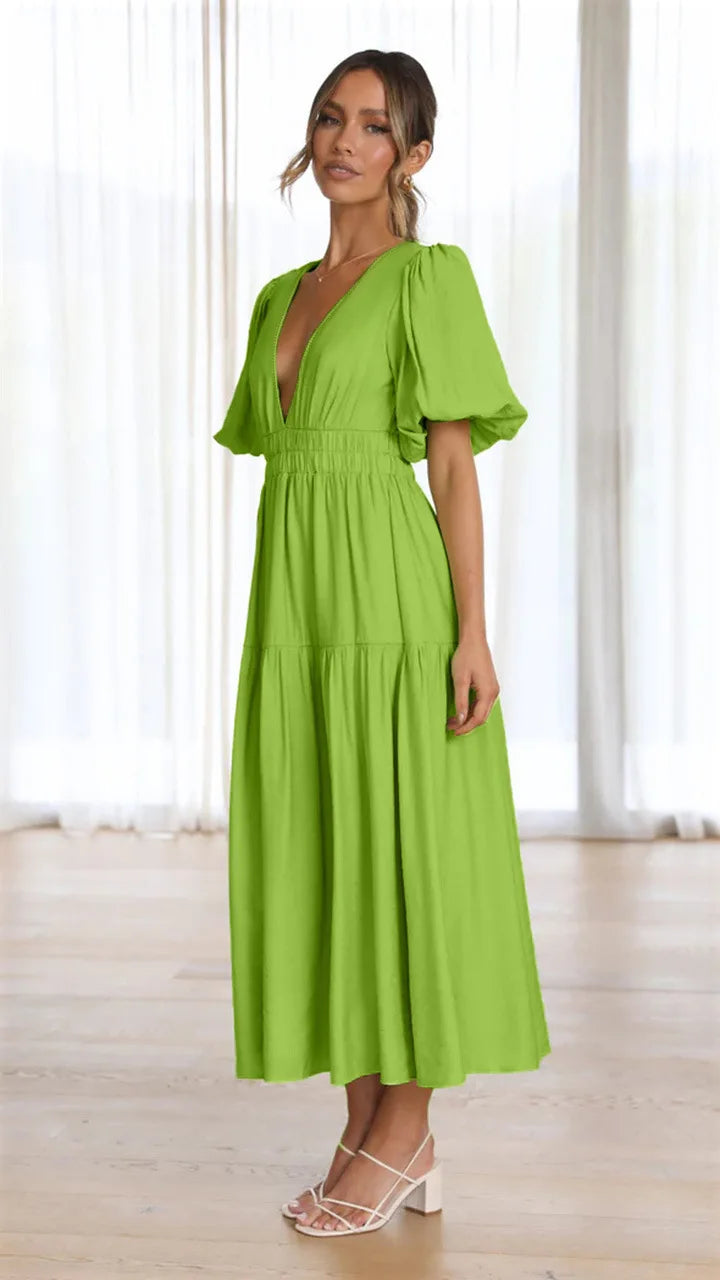 Vestido Midi de Escote en V y Mangas Abullonadas
