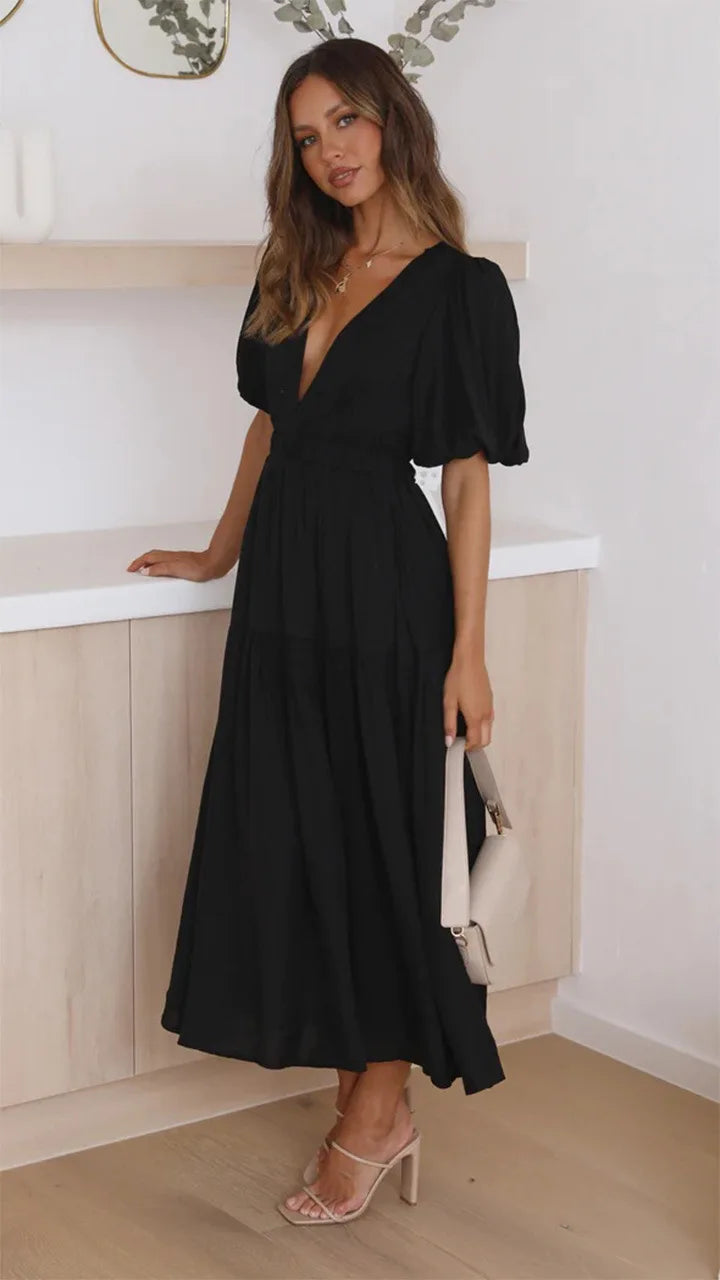 Vestido Midi de Escote en V y Mangas Abullonadas