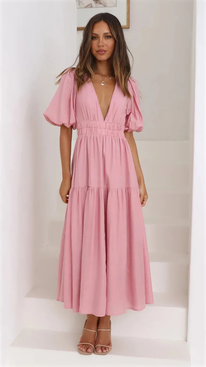 Vestido Midi de Escote en V y Mangas Abullonadas