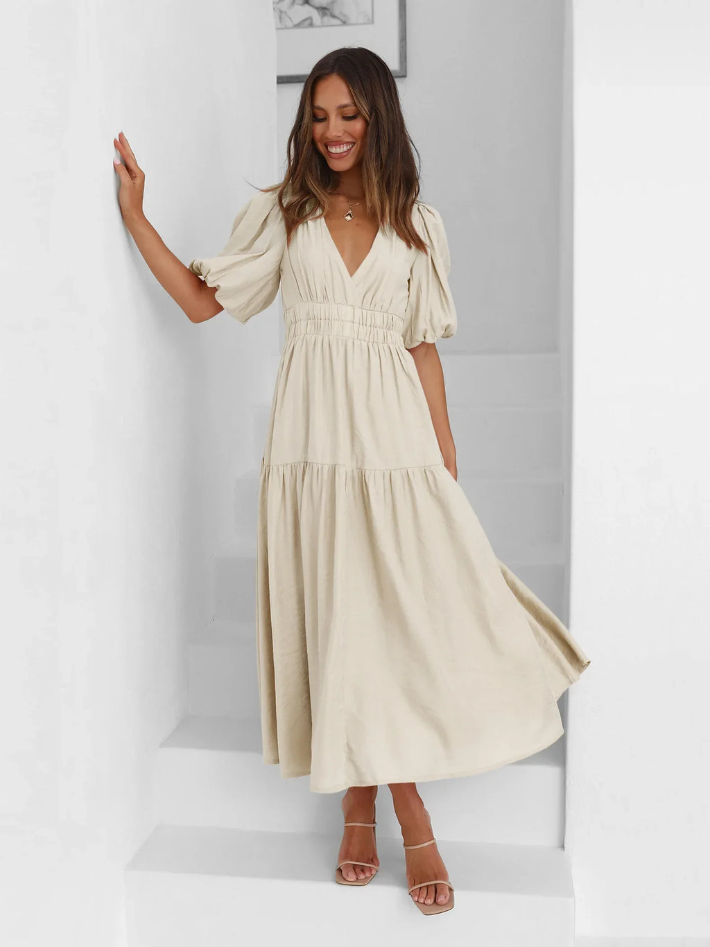 Vestido Midi de Escote en V y Mangas Abullonadas