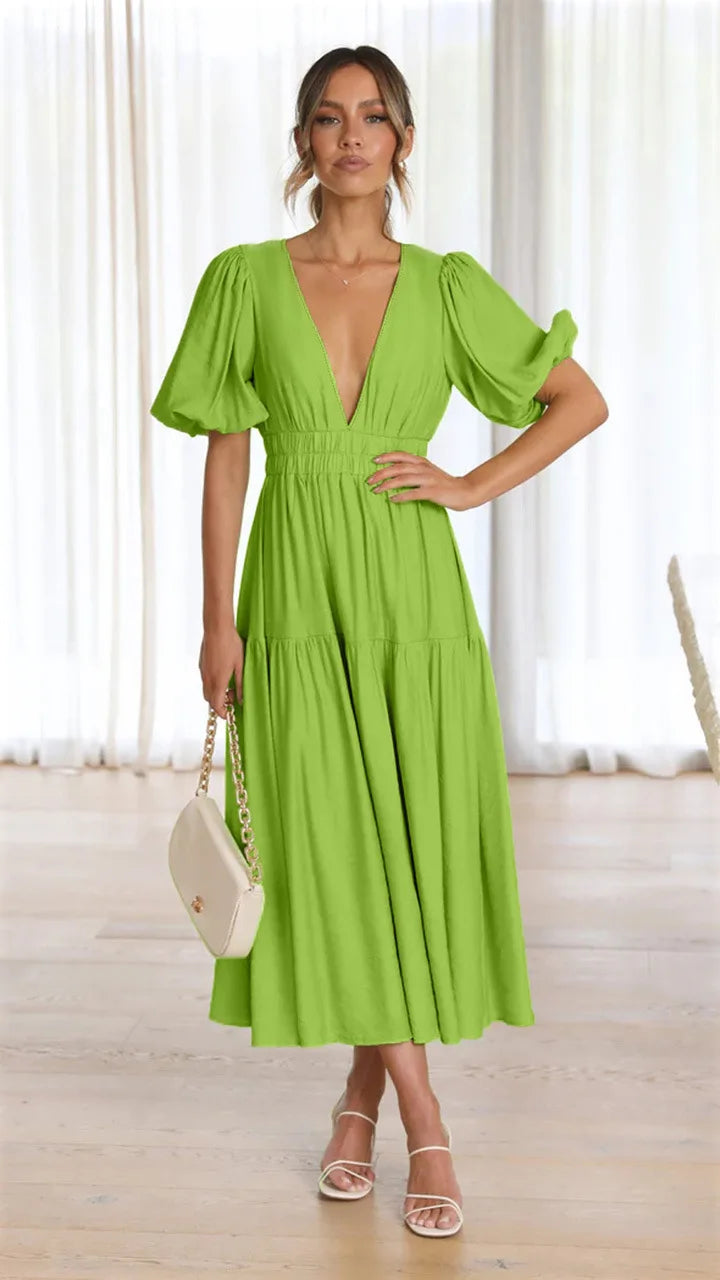 Vestido Midi de Escote en V y Mangas Abullonadas
