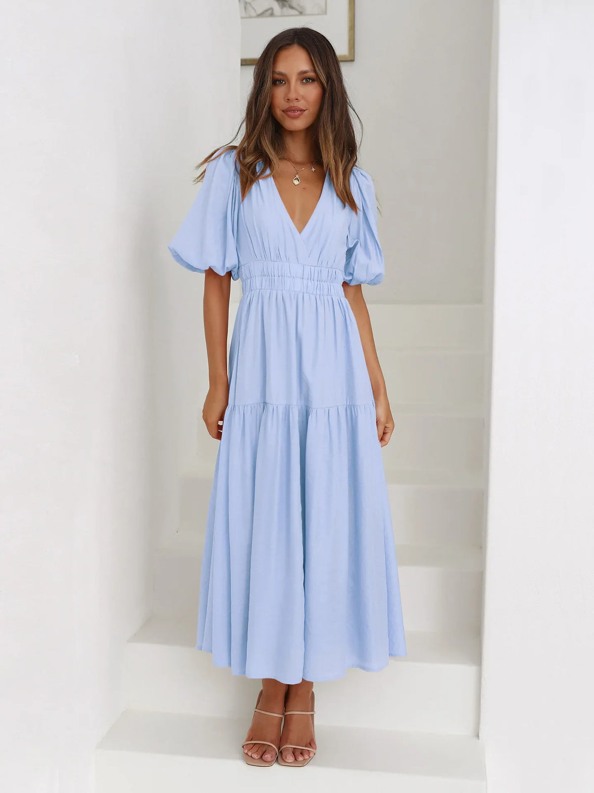 Vestido Midi de Escote en V y Mangas Abullonadas