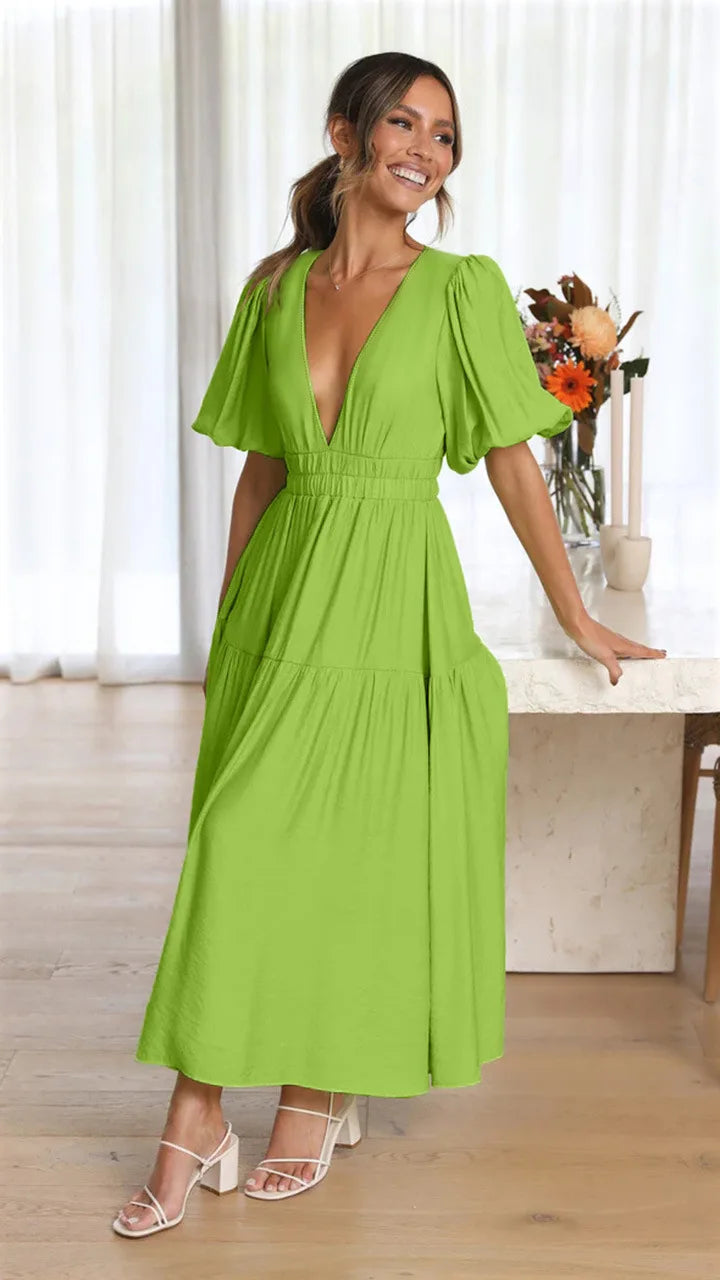 Vestido Midi de Escote en V y Mangas Abullonadas