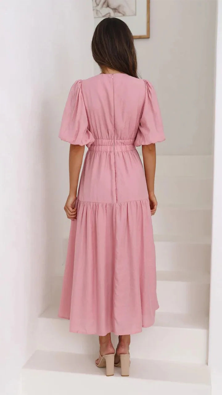Vestido Midi de Escote en V y Mangas Abullonadas