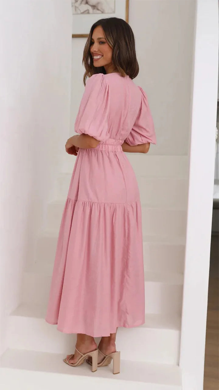 Vestido Midi de Escote en V y Mangas Abullonadas