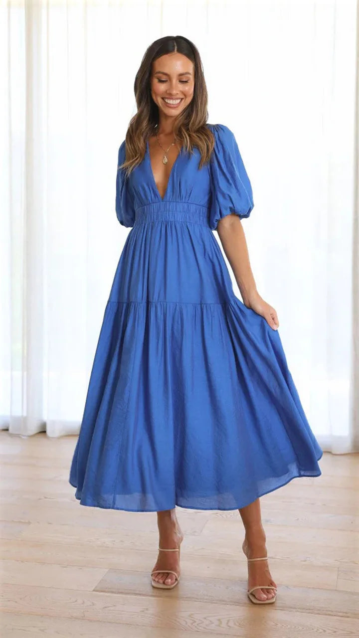 Vestido Midi de Escote en V y Mangas Abullonadas