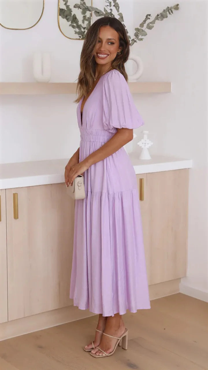 Vestido Midi de Escote en V y Mangas Abullonadas