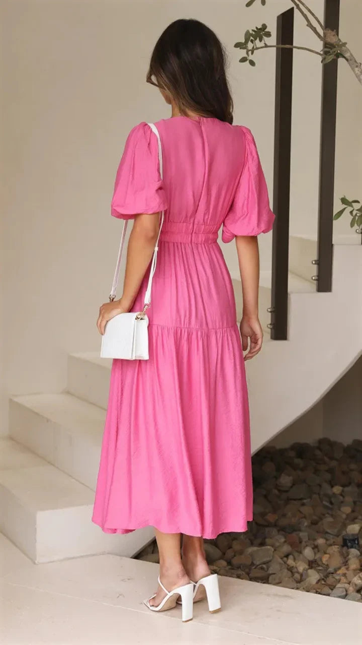 Vestido Midi de Escote en V y Mangas Abullonadas